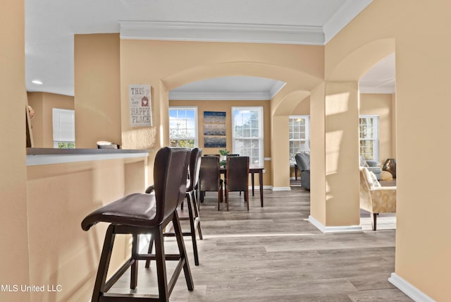 bar with crown molding and wood-type flooring