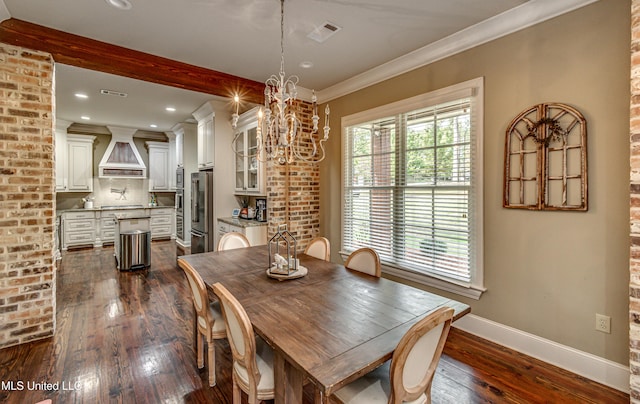 dining space with a notable chandelier, beam ceiling, dark hardwood / wood-style flooring, and crown molding