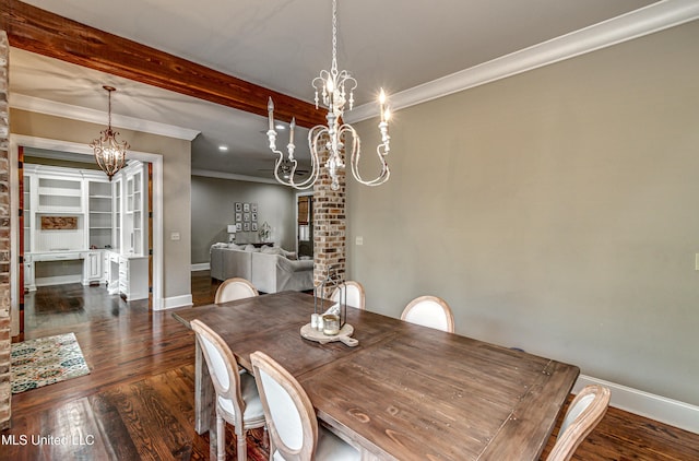 dining space with beamed ceiling, dark hardwood / wood-style flooring, ornamental molding, and a notable chandelier