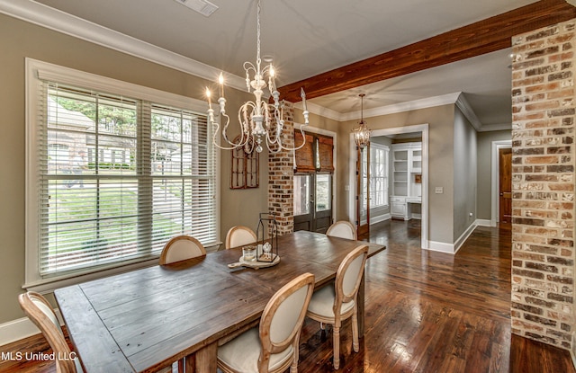 dining space featuring dark wood-type flooring, french doors, crown molding, beam ceiling, and a chandelier