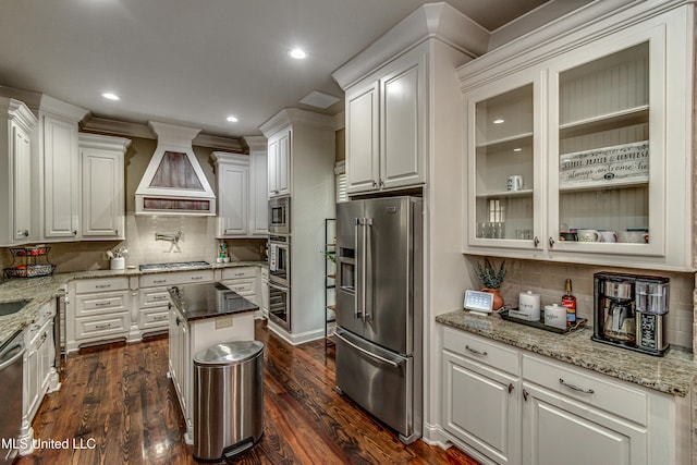 kitchen featuring white cabinets, custom exhaust hood, dark hardwood / wood-style flooring, and appliances with stainless steel finishes