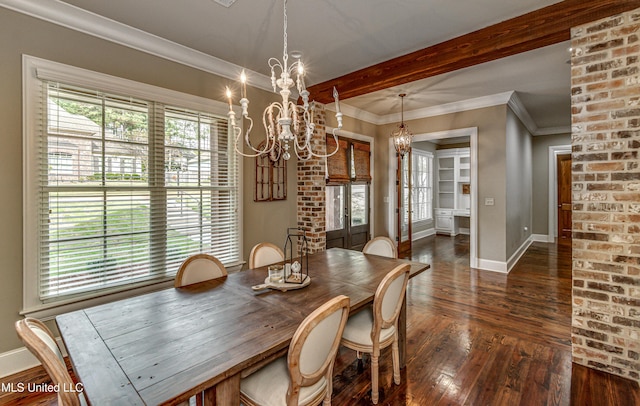 dining area with french doors, an inviting chandelier, beamed ceiling, dark hardwood / wood-style floors, and ornamental molding