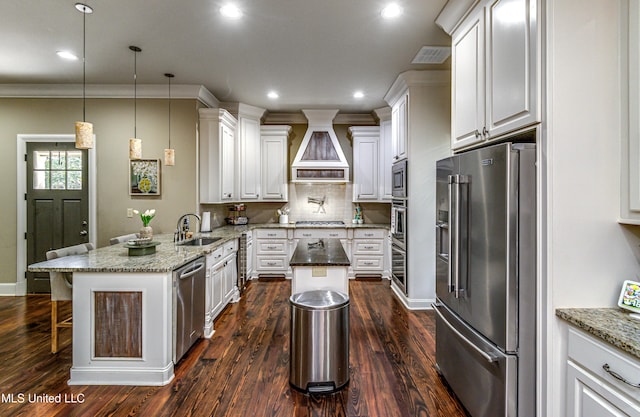 kitchen featuring kitchen peninsula, dark hardwood / wood-style flooring, custom range hood, and stainless steel appliances