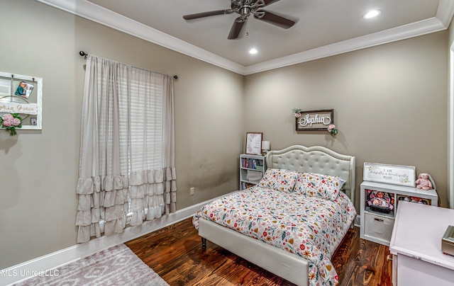 bedroom featuring ceiling fan, crown molding, and dark wood-type flooring