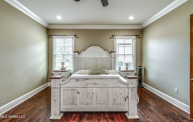 unfurnished bedroom featuring ceiling fan, ornamental molding, dark wood-type flooring, and multiple windows