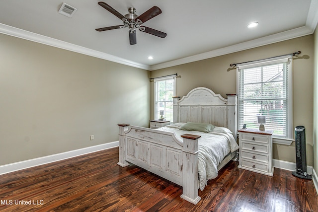 bedroom with ceiling fan, crown molding, and dark hardwood / wood-style floors