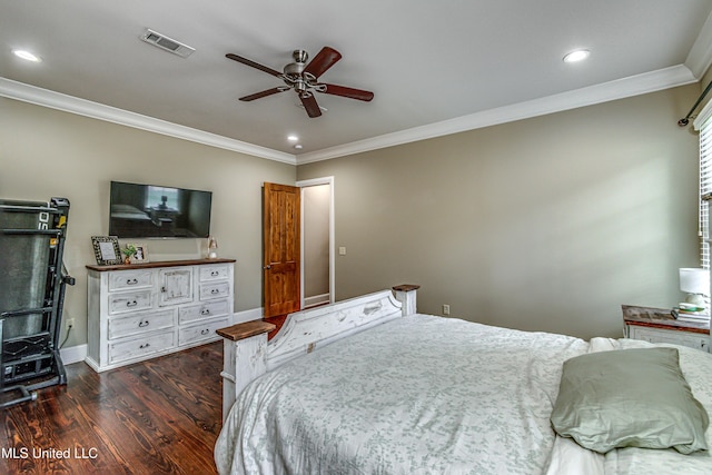 bedroom featuring dark hardwood / wood-style flooring, ceiling fan, and crown molding