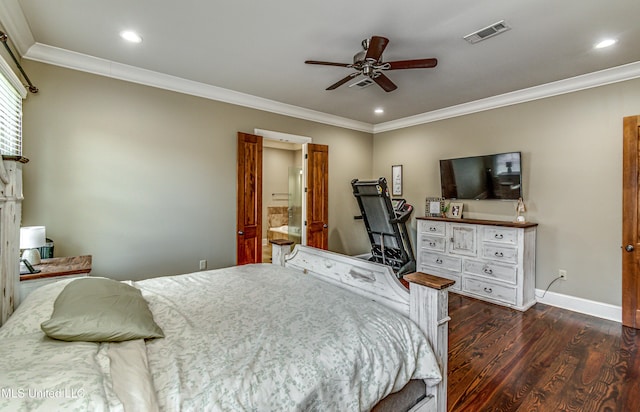 bedroom with connected bathroom, ceiling fan, dark hardwood / wood-style floors, and ornamental molding