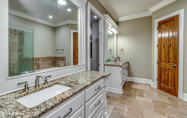 bathroom featuring plus walk in shower, vanity, and crown molding