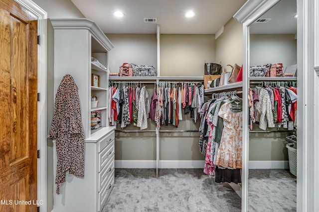 walk in closet with light colored carpet