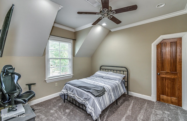 bedroom with ceiling fan, carpet floors, lofted ceiling, and ornamental molding