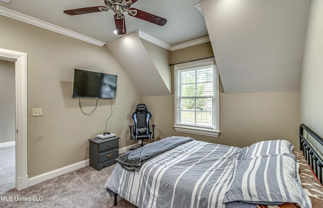 bedroom with ceiling fan, light colored carpet, and ornamental molding