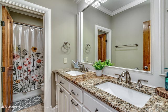 full bathroom featuring vanity, toilet, ornamental molding, and shower / tub combo