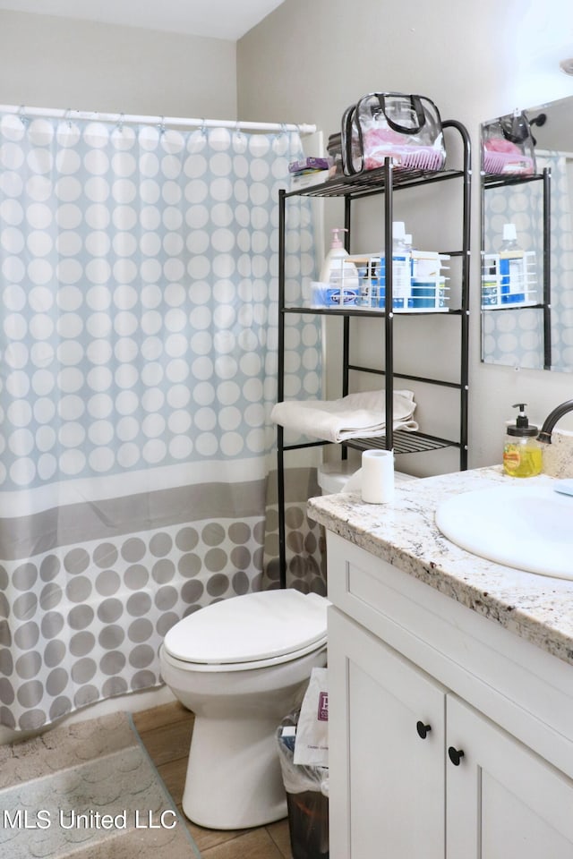 bathroom featuring vanity, toilet, and a shower with curtain