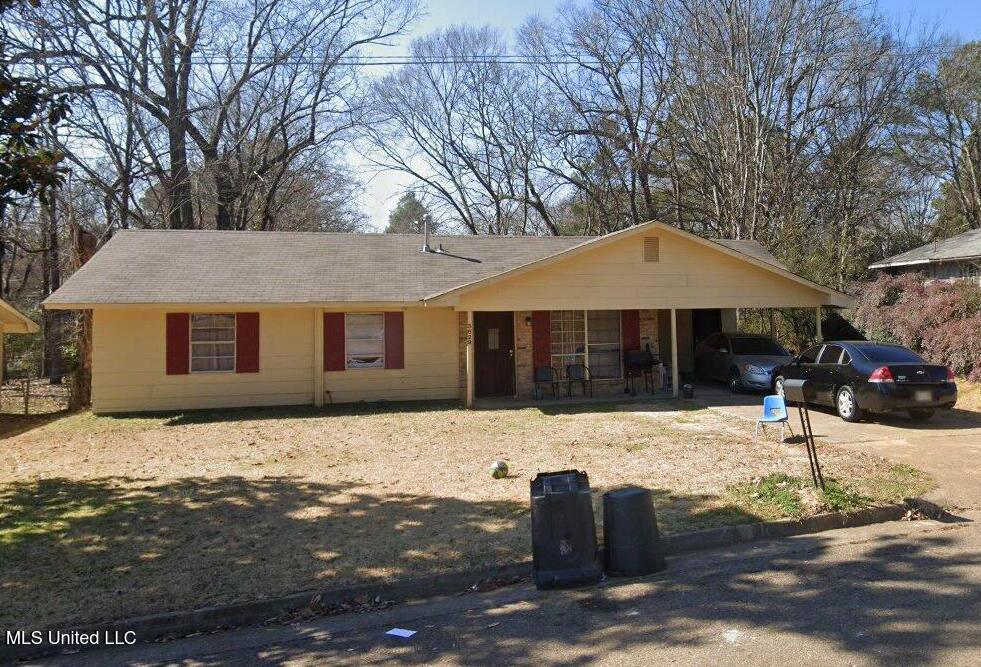 single story home featuring concrete driveway and a carport