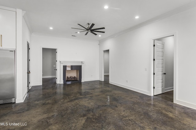 unfurnished living room featuring recessed lighting, a fireplace, finished concrete flooring, and baseboards