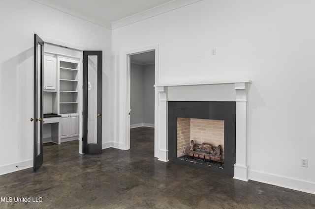 unfurnished living room featuring finished concrete floors, crown molding, a fireplace, and baseboards