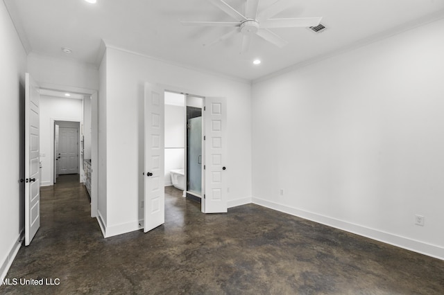 unfurnished bedroom with recessed lighting, concrete floors, visible vents, baseboards, and crown molding