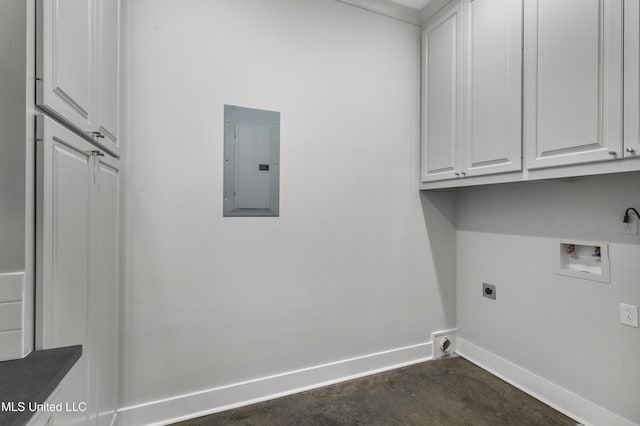 laundry area with cabinet space, electric panel, baseboards, hookup for a washing machine, and electric dryer hookup