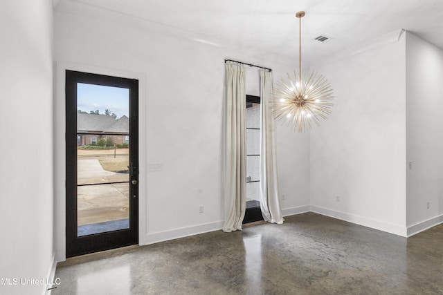 unfurnished dining area with a chandelier, finished concrete flooring, and baseboards