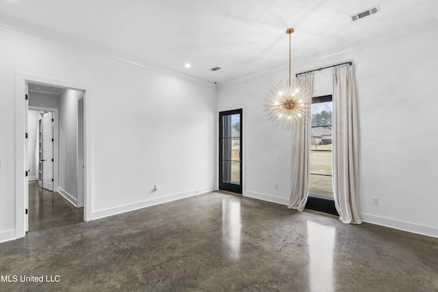 empty room featuring concrete flooring, recessed lighting, visible vents, baseboards, and an inviting chandelier