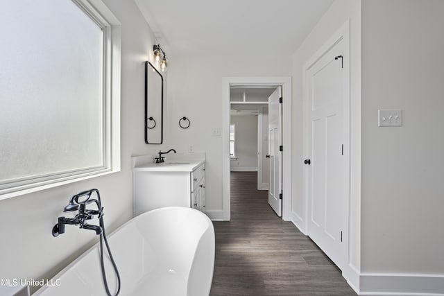 bathroom with baseboards, a soaking tub, wood finished floors, and vanity