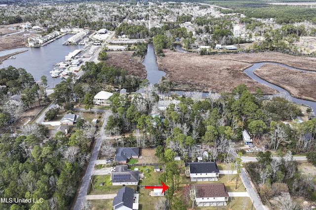 aerial view featuring a water view