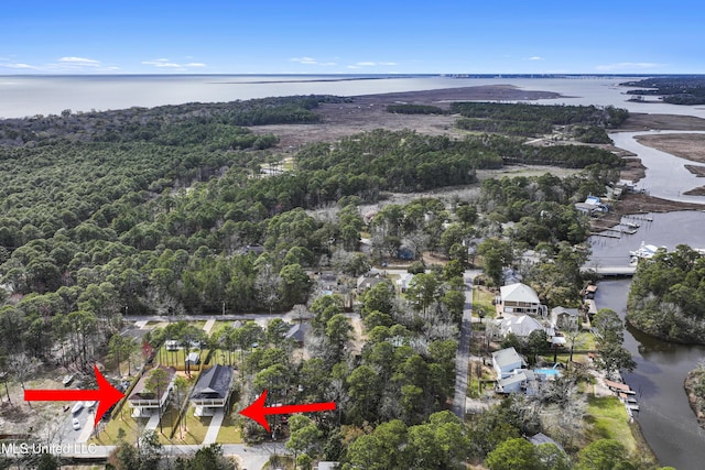 aerial view featuring a water view