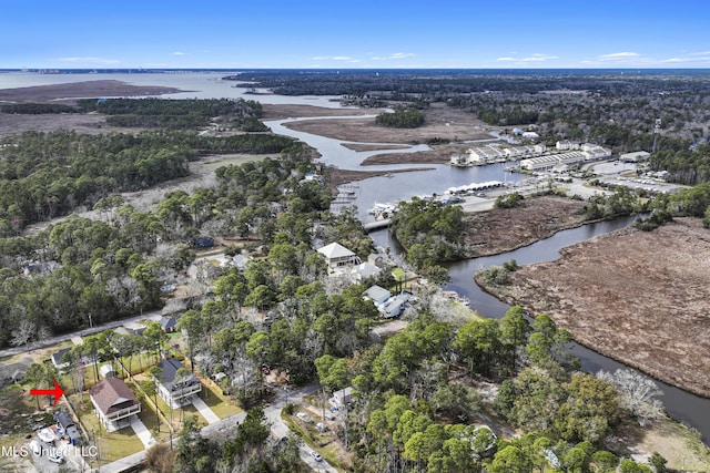 drone / aerial view featuring a water view