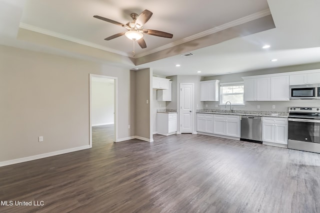13262 Turtle Creek Pkwy, Gulfport, MS 39503 - kitchen featuring stainless steel appliances, a tray ceiling, dark wood-type flooring, crown molding, and recessed lighting