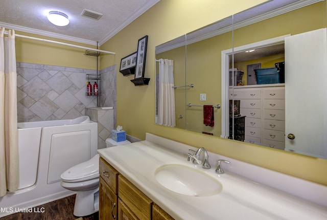 911 Newitt Vick Dr, Vicksburg, MS 39183 - full bath featuring toilet, vanity, shower / bath combination with curtain, ornamental molding, and wood finished floors