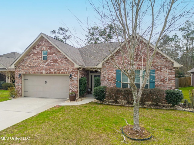 view of front of house with brick siding, concrete driveway, and a front yard