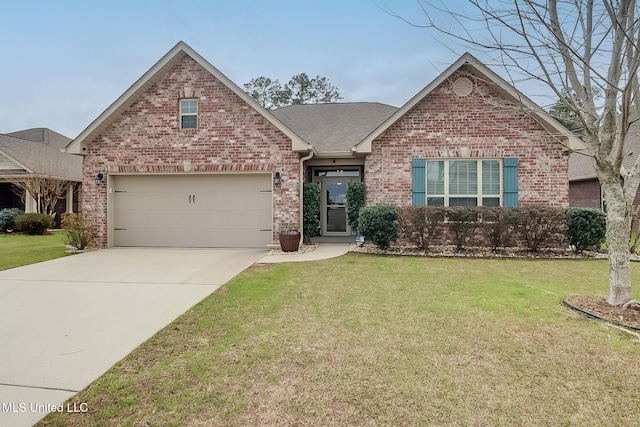 traditional-style house with a front yard, concrete driveway, and brick siding