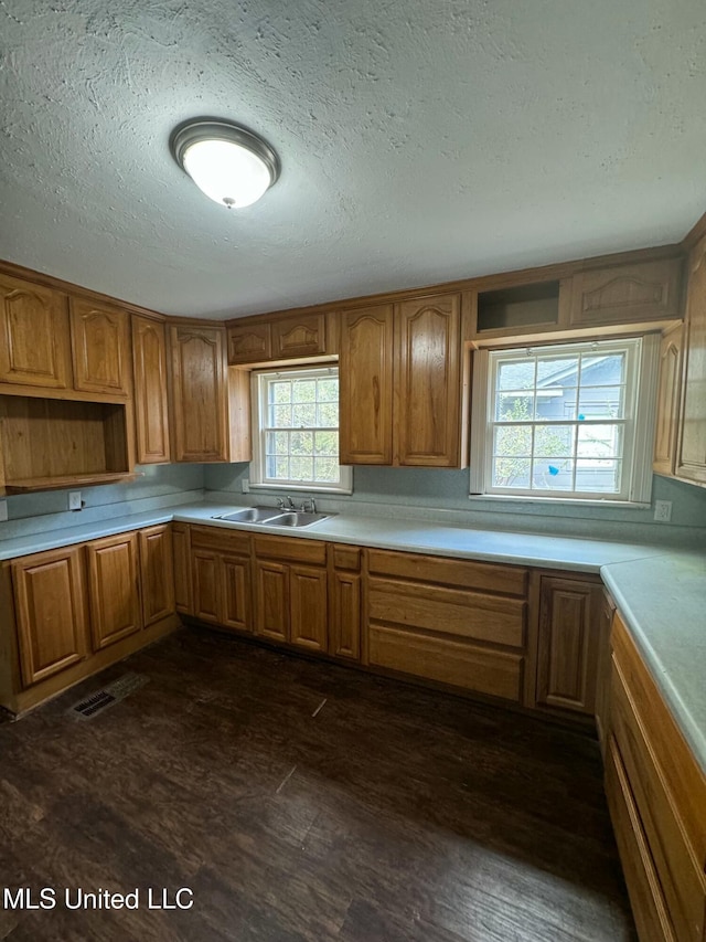 kitchen with a textured ceiling, dark hardwood / wood-style floors, and sink