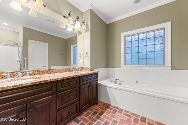 11541 Briarstone Pl, Gulfport, MS 39503 - full bath with brick floors, double vanity, crown molding, a bath, and a shower