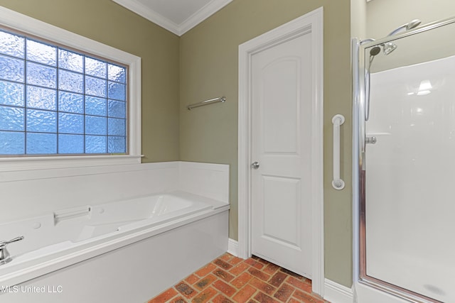 11541 Briarstone Pl, Gulfport, MS 39503 - full bathroom with brick flooring, ornamental molding, a stall shower, and a bath