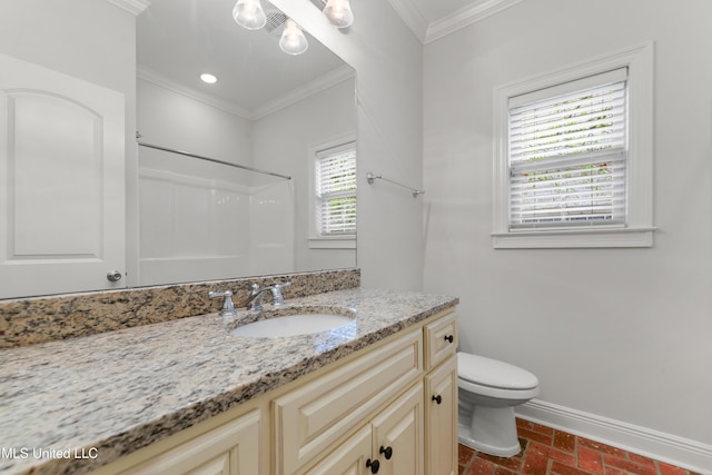 11541 Briarstone Pl, Gulfport, MS 39503 - bathroom with brick flooring, ornamental molding, a shower, and vanity