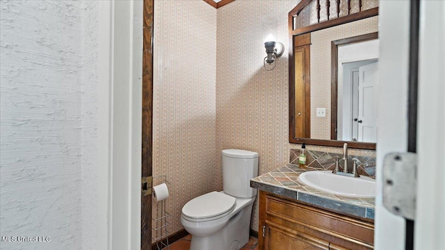 555 Rusk Dr, Brandon, MS 39047 - half bath with wallpapered walls and vanity