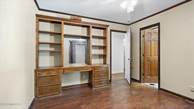 555 Rusk Dr, Brandon, MS 39047 - unfurnished office with crown molding, dark wood-type flooring, a ceiling fan, and built in study area