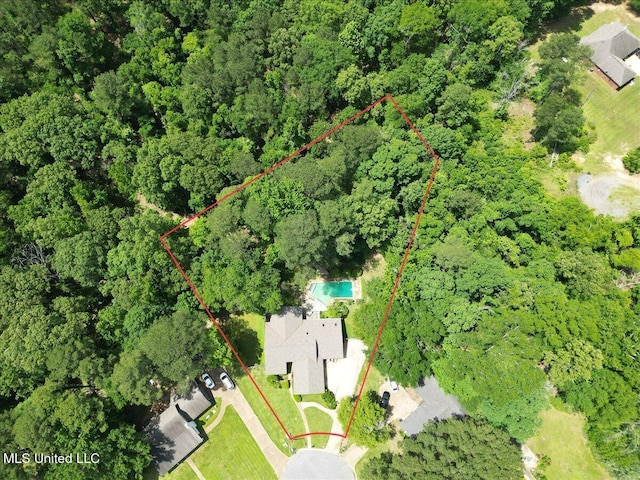 555 Rusk Dr, Brandon, MS 39047 - aerial overview of property's location featuring property parcel outlined and a forest