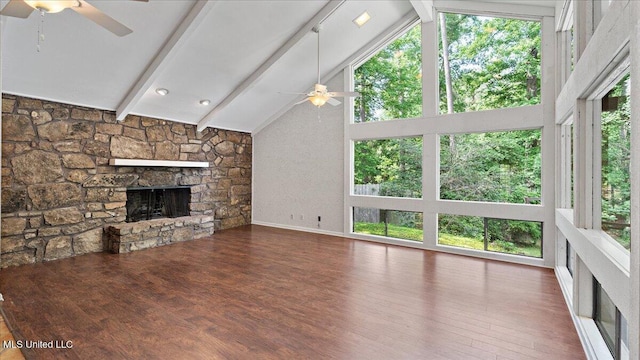 555 Rusk Dr, Brandon, MS 39047 - unfurnished living room with ceiling fan, a fireplace, beam ceiling, high vaulted ceiling, and wood finished floors