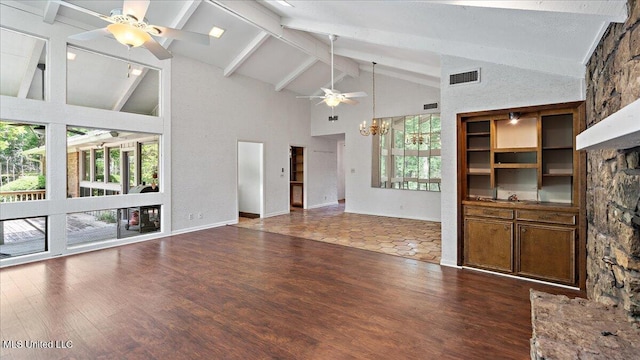 555 Rusk Dr, Brandon, MS 39047 - unfurnished living room featuring a ceiling fan, high vaulted ceiling, beam ceiling, wood finished floors, and a fireplace
