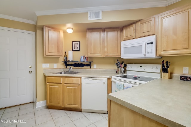 515 Third St Unit 5A, Bay Saint Louis, MS 39520 - kitchen with light brown cabinetry, a sink, white appliances, light tile patterned floors, and visible vents