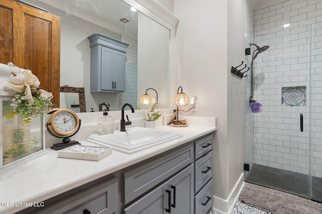 bathroom featuring visible vents, a shower stall, and vanity