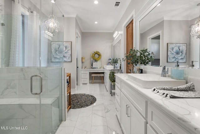 bathroom featuring visible vents, crown molding, a chandelier, a stall shower, and marble finish floor