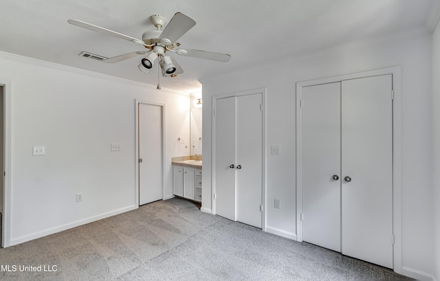 354 Lakeway Dr, Brandon, MS 39047 - unfurnished bedroom with multiple closets, carpet floors, ornamental molding, a sink, and ceiling fan