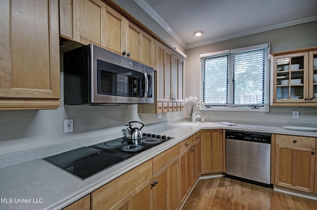 kitchen featuring sink, crown molding, appliances with stainless steel finishes, and light hardwood / wood-style flooring