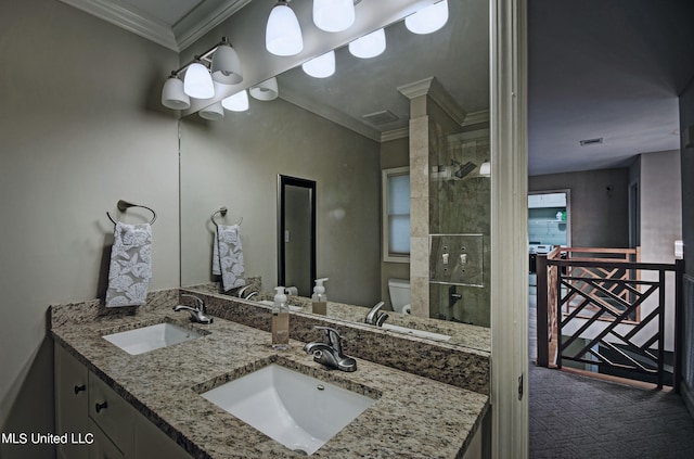 bathroom with toilet, an enclosed shower, ornamental molding, and vanity