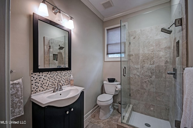 bathroom featuring decorative backsplash, walk in shower, toilet, ornamental molding, and vanity