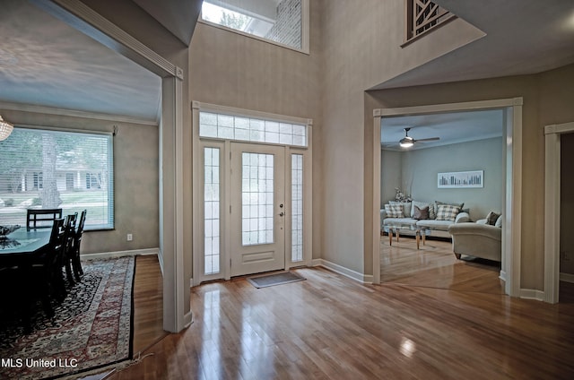 foyer with ornamental molding, wood-type flooring, plenty of natural light, and ceiling fan